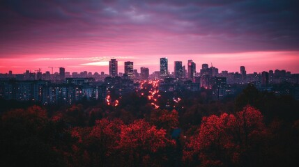 Obraz premium Twilight sky glowing over a bustling city adorned with vibrant autumn colors and soft evening light