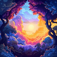 A mesmerizing sunset view through an enchanted forest, featuring vibrant, colorful clouds and silhouetted trees.