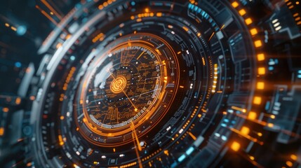 Fototapeta premium Futuristic circular dashboard, alive with glowing metrics of an advanced civilization