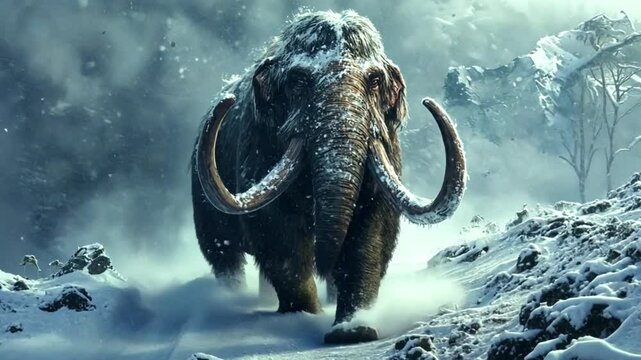 A majestic woolly mammoth trudges through a snowy landscape, evoking a prehistoric atmosphere.