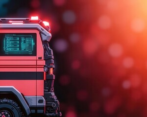Close-up of holographic medical tools in a futuristic ambulance, glowing AI sensors assisting paramedics with treatment