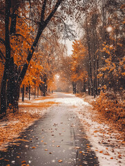 Obraz premium Autumn trees lining snowy path with falling leaves in park