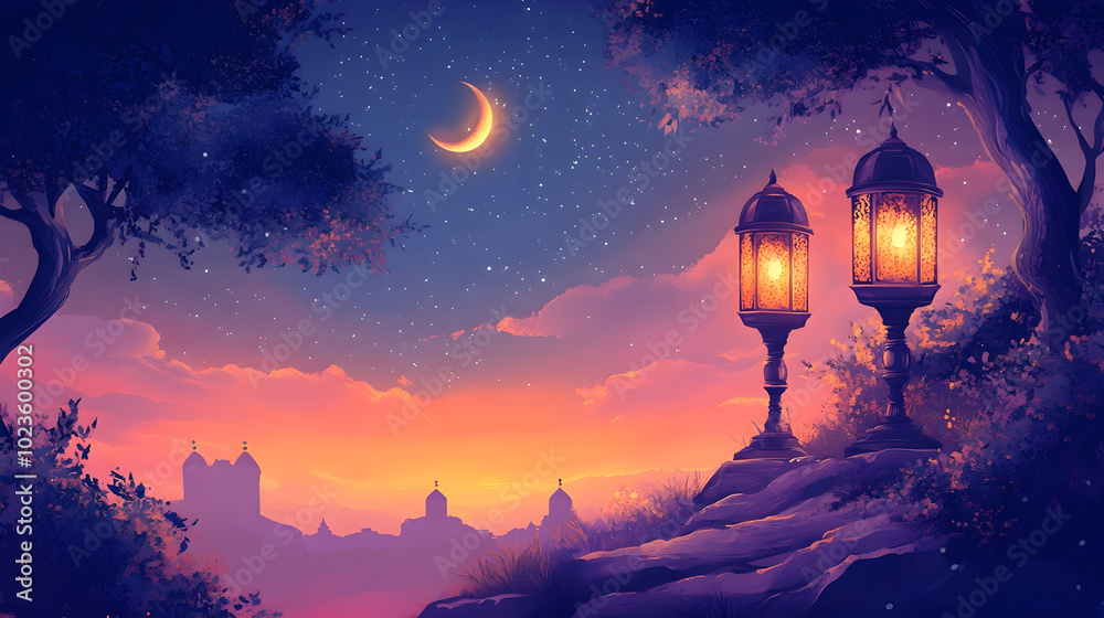 Wall mural a ramadan background with crescent moons lanterns and a beautiful night sky in the background, illus