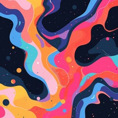 A colorful abstract painting with a blue and yellow line that looks like a wave. The painting is full of bright colors and has a lot of dots scattered throughout
