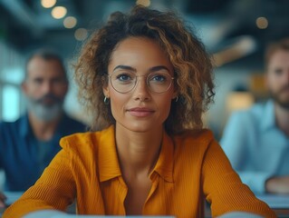 team of business professionals engaged in a collaborative meeting in a sleek office setting, showcasing teamwork and innovation in a corporate environment