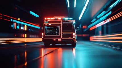 AI-powered emergency response vehicle with glowing medical displays, optimizing patient care during high-speed transport