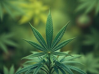 Close-up of single cannabis leaf with blurred background