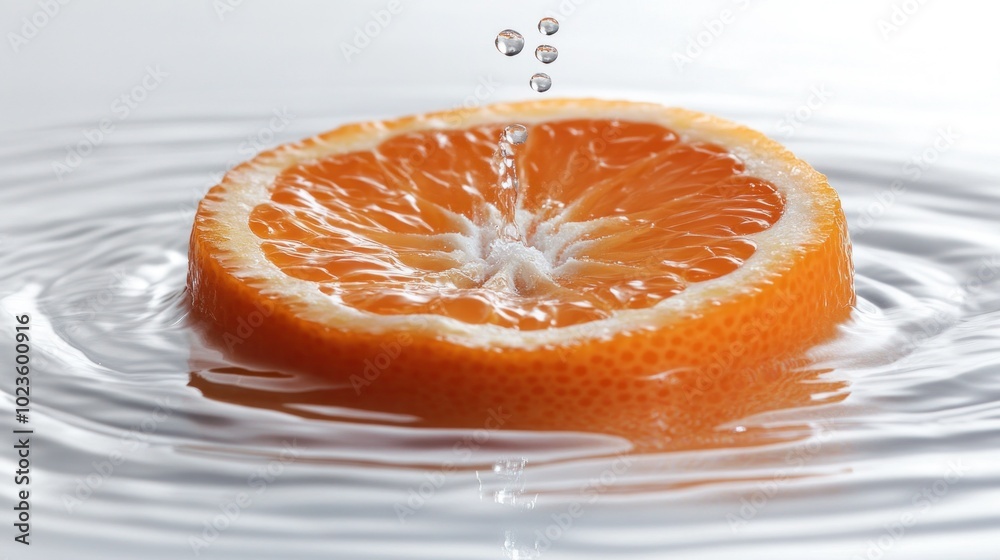 Poster orange slice floating in water with droplets falling