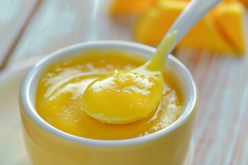 Spoonful of fresh fruit or vegetable baby food being lifted from a bowl