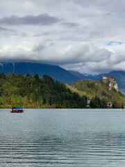Obraz premium Panorama view of Lake Bled. Beautiful natural lake in the Alps mountains before the rain
