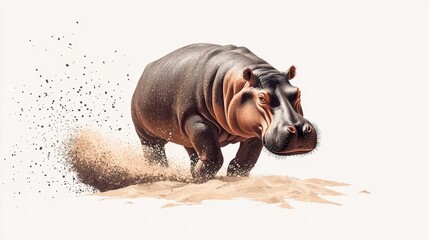 Pygmy hippopotamus walking on sand, natural environment, realistic illustration, isolated on white background