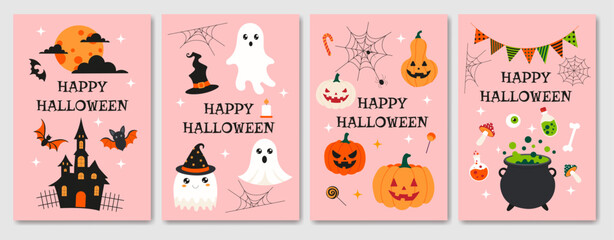Fototapeta premium A set of four Halloween cards with a witch, ghost, pumpkin, and pumpkin lanterns. The cards are pink and feature a spooky theme