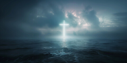 Cross illuminated on rocky seashore at night with starry sky, background