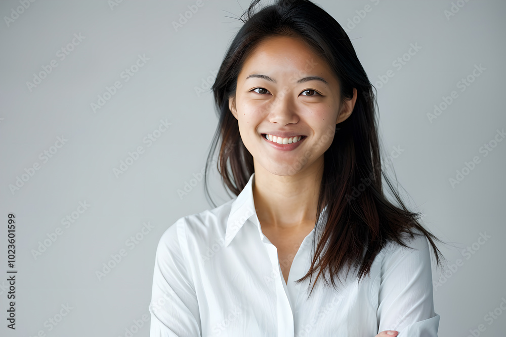 Wall mural oriental woman smiling on white background