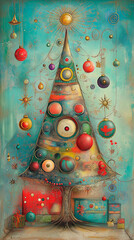 Christmas background with Christmas tree and gifts.