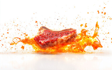 A sizzling steak, surrounded by a fiery explosion of orange liquid, is suspended in mid-air against a white background.