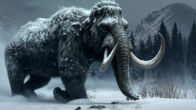 A woolly mammoth trudges through a snowy landscape, evoking a prehistoric atmosphere.