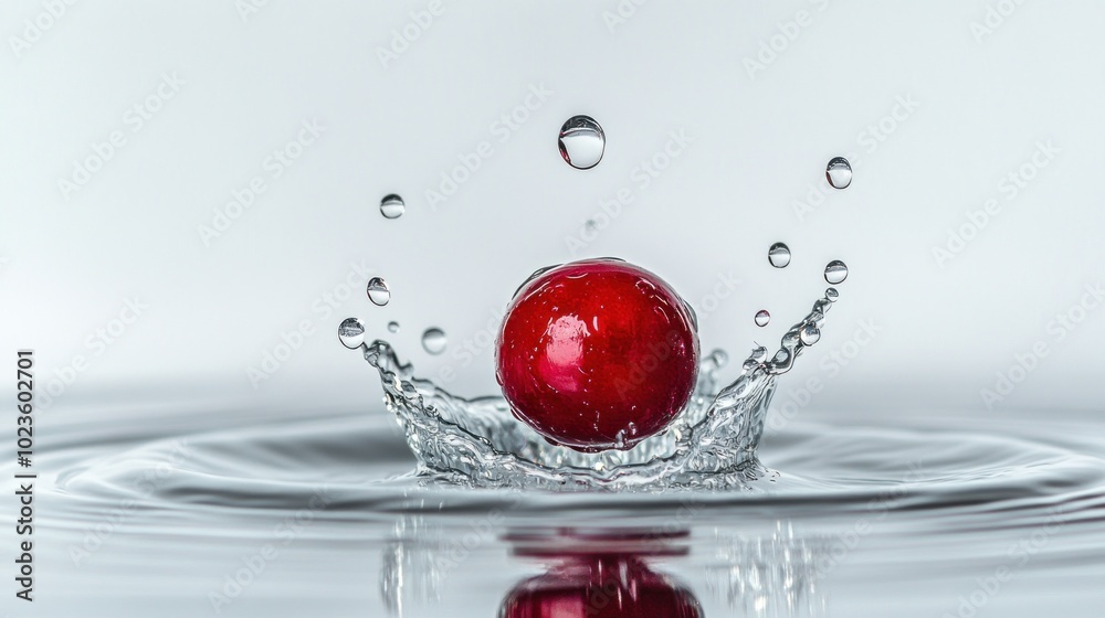 Poster red cherry splashing into water with droplets