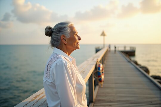 Hispanic elderly woman standing on weathered pier gazing out at ocean