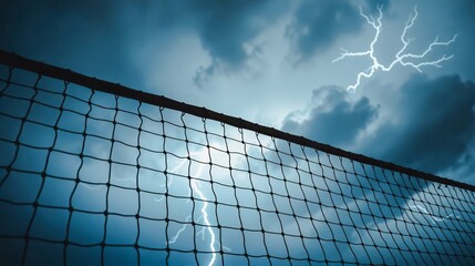 Volleyball Net Battling a Storm, A dramatic image of a volleyball net silhouetted against a stormy sky. Lightning strikes illuminate the net, creating a powerful contrast between light and dark.