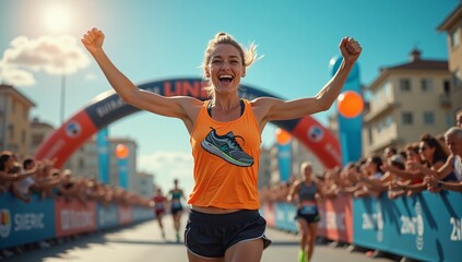 Young woman crossing marathon finish line with arms raised