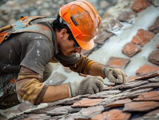 skilled craftsmanship construction worker in safety gear carefully installing roof tiles, captured in dynamic angle, showcasing precision and expertise in the building trade