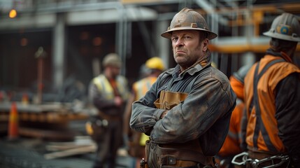 Obraz premium An angry construction worker in a helmet standing on a construction site. He is wearing a tool belt with various tools hanging from it