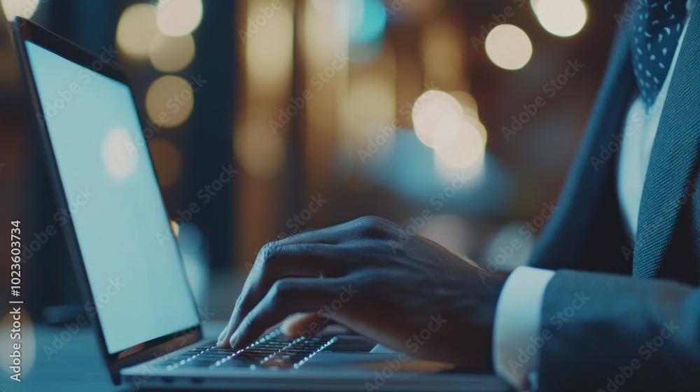 Poster Close-up of a Man's Hand Typing on a Laptop with Bokeh Lights in the Background