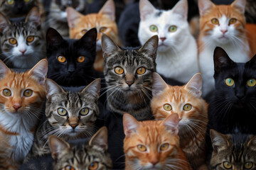 A crowd of cats of different breeds and colors is looking at the camera.