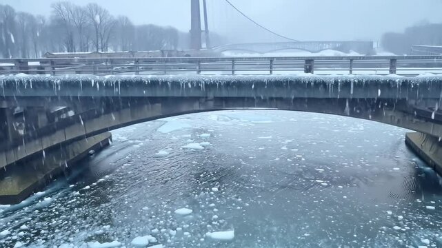 Winter Bridge Over Icy River with Falling Snow