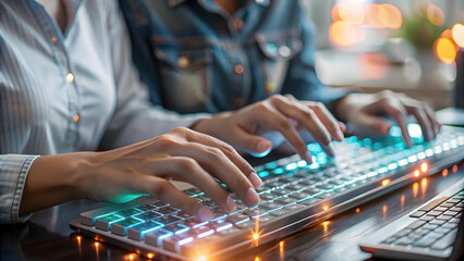 Close Up of Millennial Hands Typing on a Futuristic Holographic Keyboard with Neon Glow - Ideal for Modern Tech Ads and Innovative Gadgets