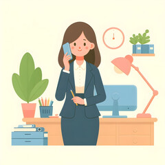 Businesswoman holding pencil talking on phone at office desk