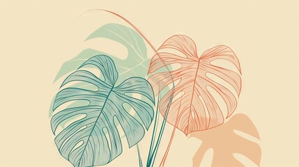 Obraz premium Tropical leaves on light backdrop. Abstract line drawing of plants in pastel colors, minimalist style. Wallpaper with leaves and flowers. Background with copy space. Floral Art for Contemporary Spaces