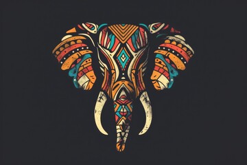 Simple minimalist elephant head with colorful tribal patterns.