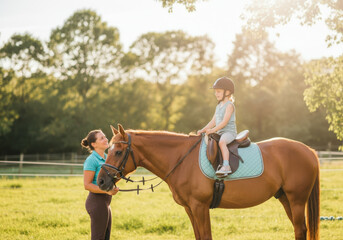 Young girl is enjoying a horseback riding lesson on a sunny day, learning from her experienced instructor in a picturesque field