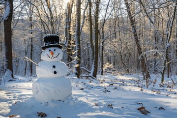 Fototapeta premium A cheerful snowman with a top hat and carrot nose stands in a serene winter forest, illuminated by the morning sun.