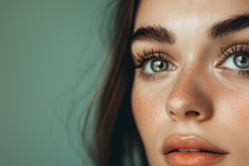 Fototapeta premium A woman with green eyes and brown hair is looking at the camera
