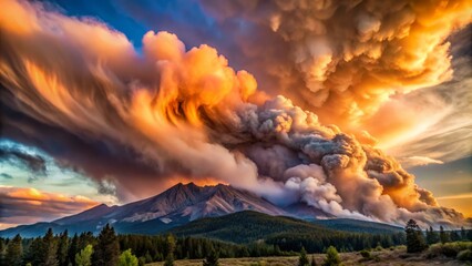 Fototapeta premium Peach-colored clouds drifting across a charcoal-grey mountain range, with wispy tendrils of smoke