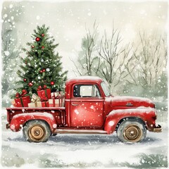 Vintage red truck adorned with Christmas tree and gifts in a snowy landscape.
