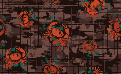 Seamless brown camouflage pattern with orange crabs, teal accent splatters with a line and dotted overlay. 