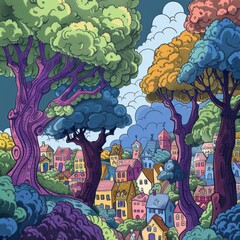 A vibrant illustration of a whimsical village nestled among colorful trees and rolling hills, with a cloudy sky overhead.