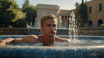 A handsome muscular young blond man relaxes in a scenic fountain under warm sunlight in a lush outdoor setting.