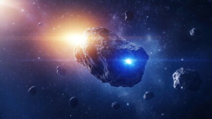 Obraz premium A cosmic scene featuring asteroids illuminated by distant stars in a vast galaxy.