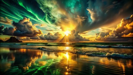Description: A dramatic black sunset with emerald green shadows and glistening g accents creates a sense of adventure and fantasy.