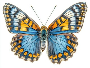 Obraz premium beautiful blue, yellow, and orange butterfly in mid-flight, wings spread wide, isolated against a white background, showcasing the delicate beauty of nature's creations
