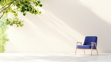 Fototapeta premium A minimalist room with a single chair and a window overlooking a peaceful garden, inviting a moment of quiet contemplation.