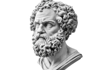 A grayscale sculpture of the head and shoulders of Socrates
