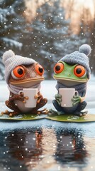 Fototapeta premium Two cute cartoon frogs sitting on lily pads, wearing winter hats and scarves