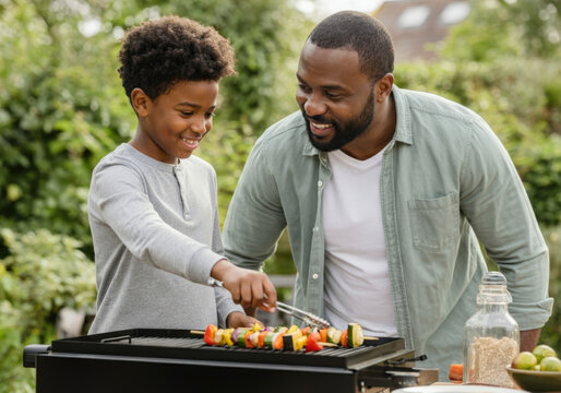 Happy father and son grilling vegetable skewers on a barbecue in the backyard - Powered by Adobe