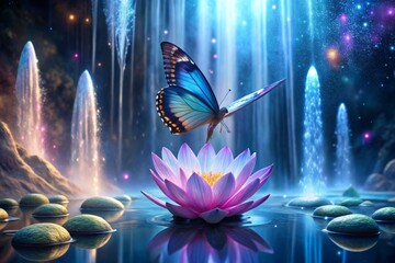 Amidst a dreamscape of shimmering waterfalls and crystal caves, a delicate, iridescent butterfly perches on the edge of a lotus flower, its wings beating in slow, hypnotic rhythm.